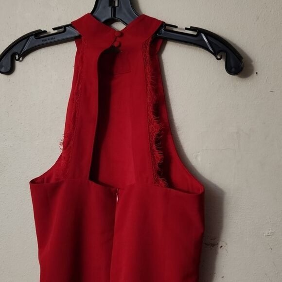 Lulu's Small Red Sheath Halter Dress with Lace Accent - Picture 4 of 7
